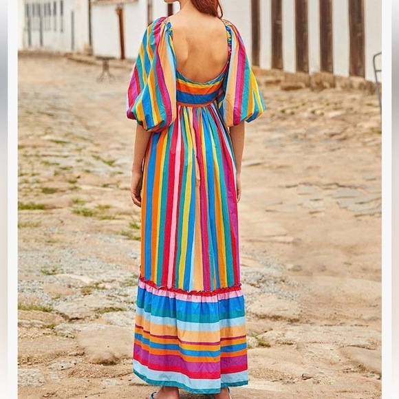 Farm rio large striped rainbow puffy sleeve dress. - Picture 3 of 12